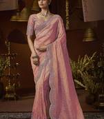 Designer peach tissue fabric saree with peach tissue blouse fabric