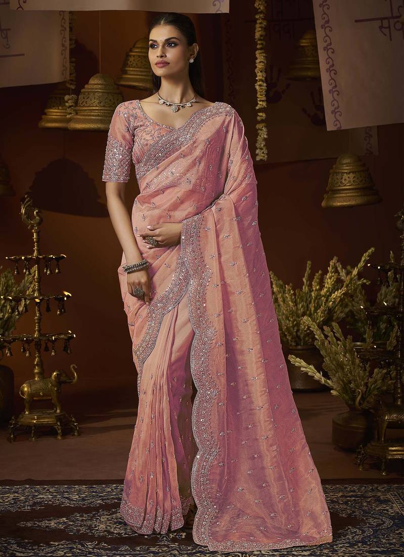 Designer peach tissue fabric saree with peach tissue blouse fabric