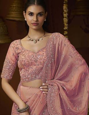 Designer peach tissue fabric saree with peach tissue blouse fabric 2