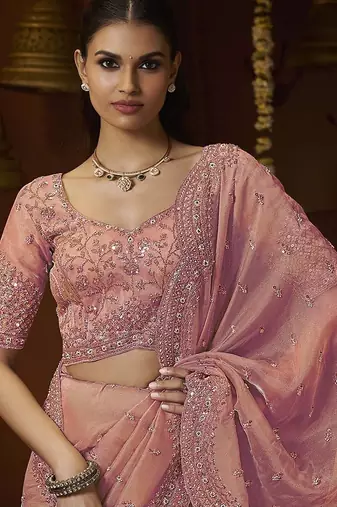 Designer peach tissue fabric saree with peach tissue blouse fabric