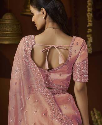 Designer peach tissue fabric saree with peach tissue blouse fabric 3