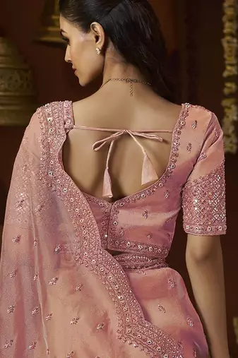 Designer peach tissue fabric saree with peach tissue blouse fabric