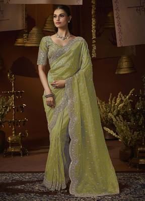 Designer green tissue fabric saree with green tissue blouse fabric 1