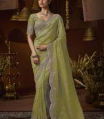 Designer green tissue fabric saree with green tissue blouse fabric