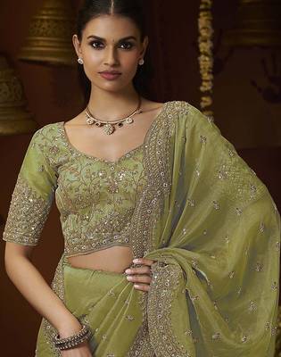 Designer green tissue fabric saree with green tissue blouse fabric 2