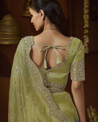 Designer green tissue fabric saree with green tissue blouse fabric 3