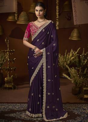 designer purple satin fabric saree with rani pink silk blend blouse fabric 1