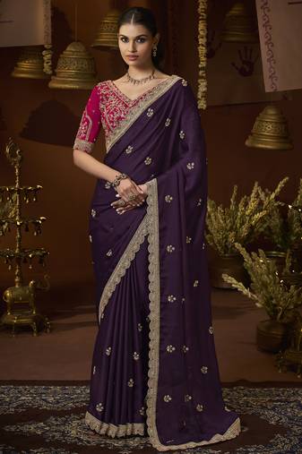 designer purple satin fabric saree with rani pink silk blend blouse fabric