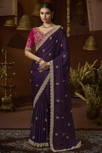 designer purple satin fabric saree with rani pink silk blend blouse fabric