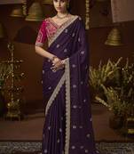 designer purple satin fabric saree with rani pink silk blend blouse fabric