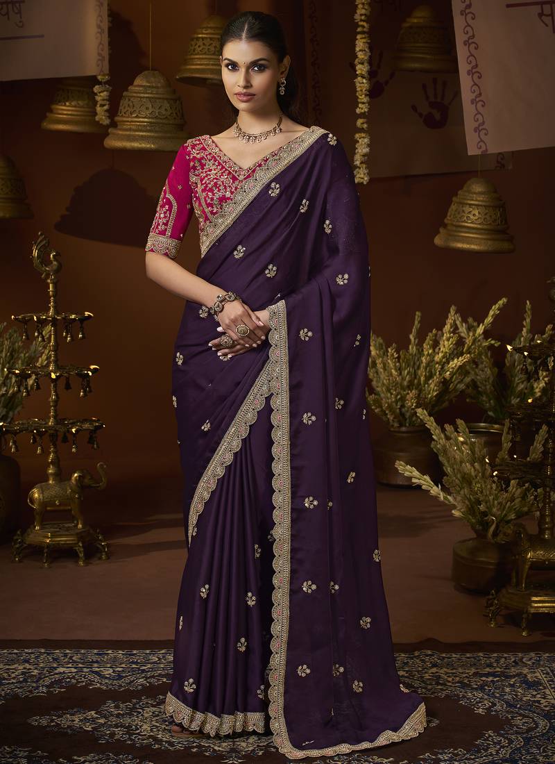 designer purple satin fabric saree with rani pink silk blend blouse fabric