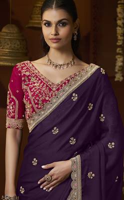 designer purple satin fabric saree with rani pink silk blend blouse fabric 2