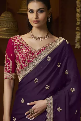 designer purple satin fabric saree with rani pink silk blend blouse fabric