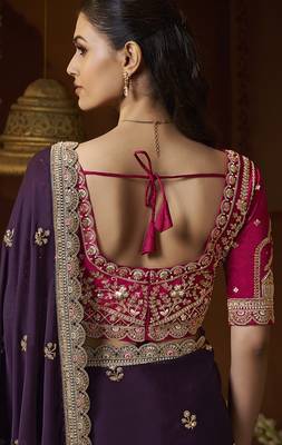 designer purple satin fabric saree with rani pink silk blend blouse fabric 3