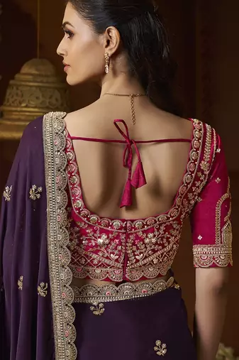designer purple satin fabric saree with rani pink silk blend blouse fabric