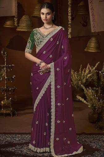 designer wine satin fabric saree with green silk blend blouse fabric