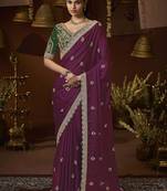 designer wine satin fabric saree with green silk blend blouse fabric