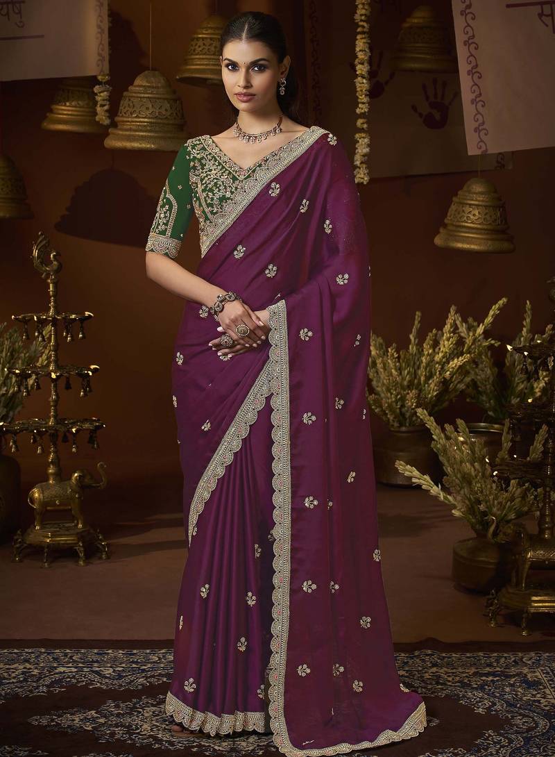designer wine satin fabric saree with green silk blend blouse fabric