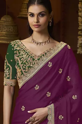 designer wine satin fabric saree with green silk blend blouse fabric
