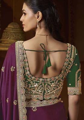 designer wine satin fabric saree with green silk blend blouse fabric 3