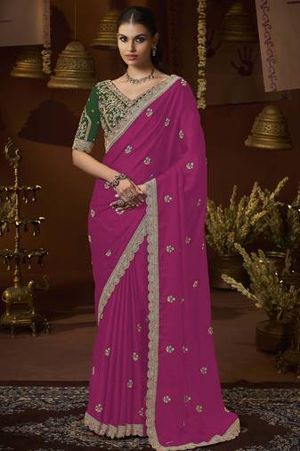 designer pink satin fabric saree with green silk blend blouse fabric