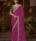 designer pink satin fabric saree with green silk blend blouse fabric