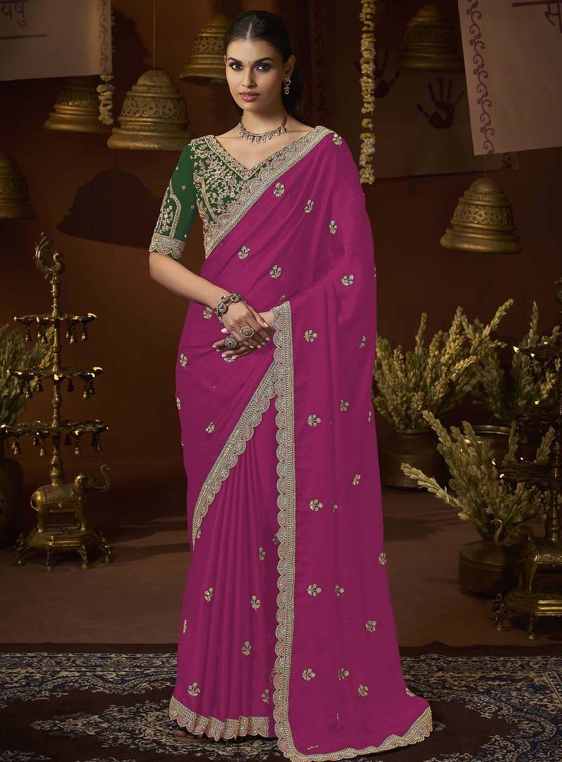 designer pink satin fabric saree with green silk blend blouse fabric