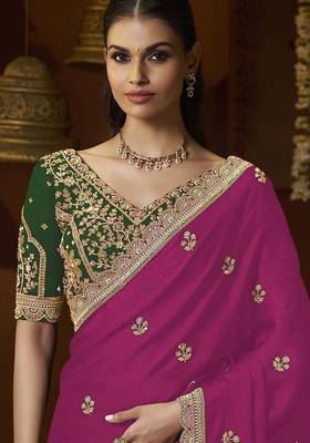 designer pink satin fabric saree with green silk blend blouse fabric 2
