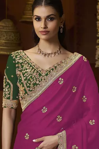 designer pink satin fabric saree with green silk blend blouse fabric