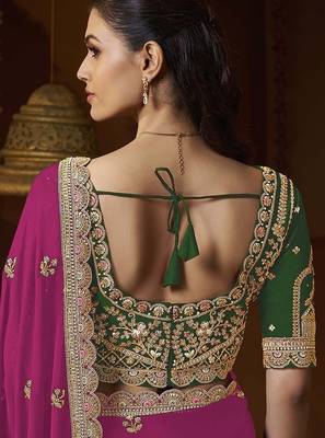 designer pink satin fabric saree with green silk blend blouse fabric 3