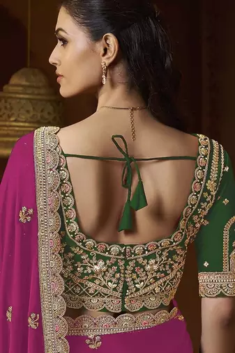 designer pink satin fabric saree with green silk blend blouse fabric