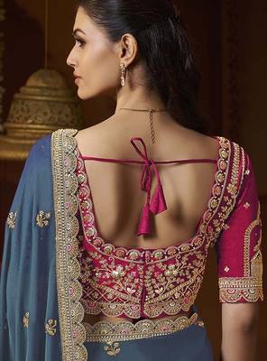 designer green satin fabric saree with rani pink silk blend blouse fabric 3