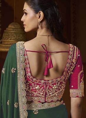 designer green satin fabric saree with rani pink silk blend blouse fabric 3