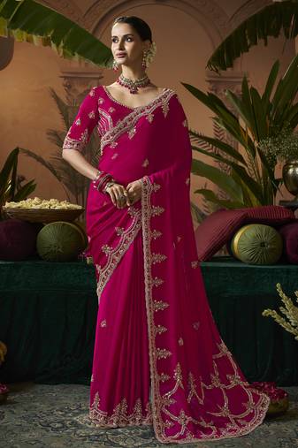 Designer rani pink satin fabric saree with rani pink satin blouse fabric