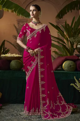 Designer rani pink satin fabric saree with rani pink satin blouse fabric