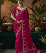 Designer rani pink satin fabric saree with rani pink satin blouse fabric