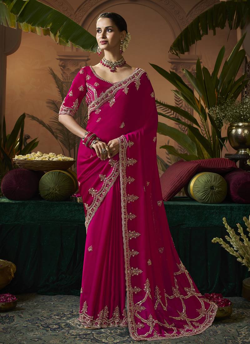 Designer rani pink satin fabric saree with rani pink satin blouse fabric
