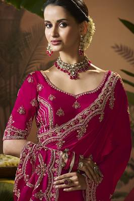 Designer rani pink satin fabric saree with rani pink satin blouse fabric 2
