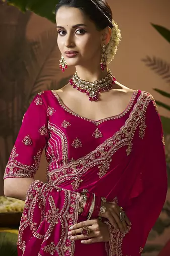 Designer rani pink satin fabric saree with rani pink satin blouse fabric