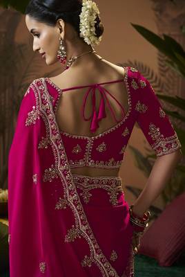 Designer rani pink satin fabric saree with rani pink satin blouse fabric 3