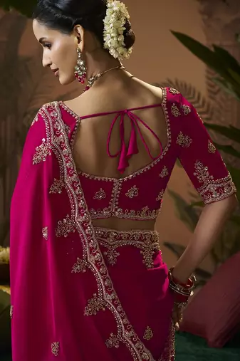 Designer rani pink satin fabric saree with rani pink satin blouse fabric