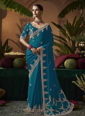 Designer green satin fabric saree with green satin blouse fabric 1