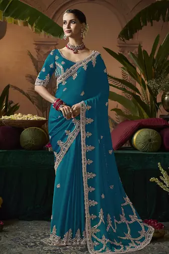 Designer green satin fabric saree with green satin blouse fabric