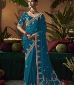 Designer green satin fabric saree with green satin blouse fabric