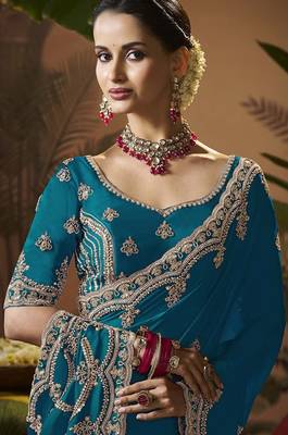 Designer green satin fabric saree with green satin blouse fabric 2