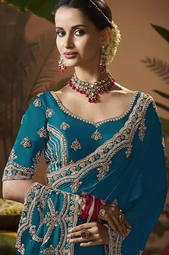 Designer green satin fabric saree with green satin blouse fabric