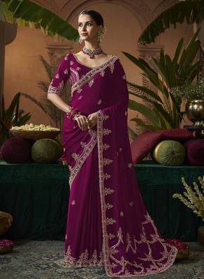 Designer wine satin fabric saree with wine satin blouse fabric 1