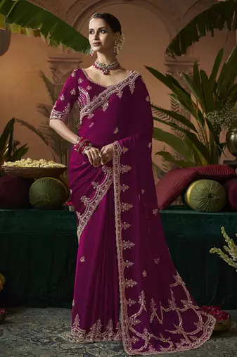 Designer wine satin fabric saree with wine satin blouse fabric