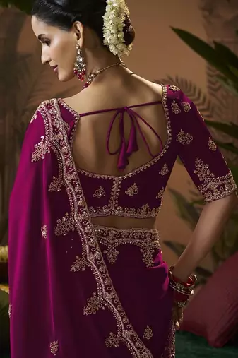 Designer wine satin fabric saree with wine satin blouse fabric