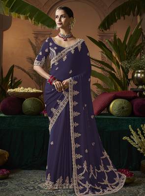 Designer purple satin fabric saree with purple satin blouse fabric 1